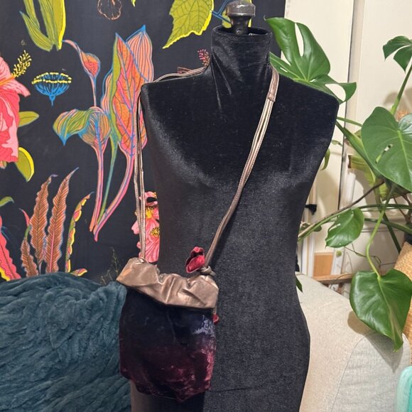 Velvet + Leather Small Drawstring Bucket Bag, Multi-Color with Velvet Flowers - Picture 5 of 15